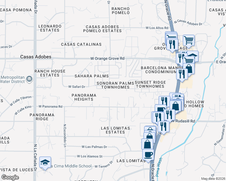 map of restaurants, bars, coffee shops, grocery stores, and more near 6180 North Pete Dawson Road in Tucson