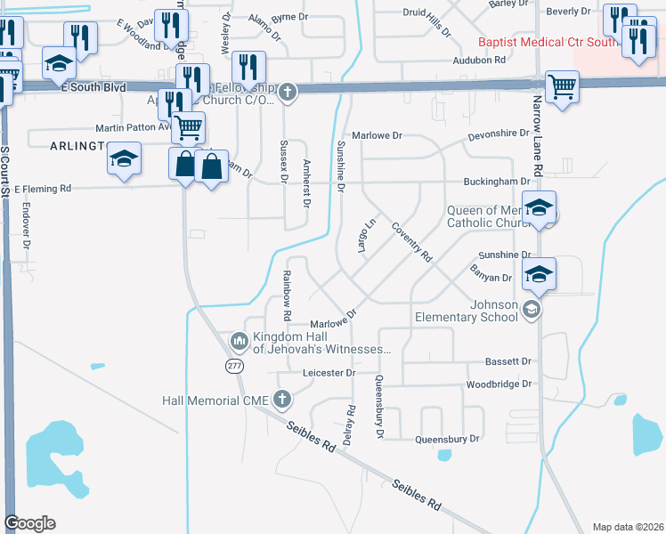 map of restaurants, bars, coffee shops, grocery stores, and more near 4390 Sunshine Drive in Montgomery