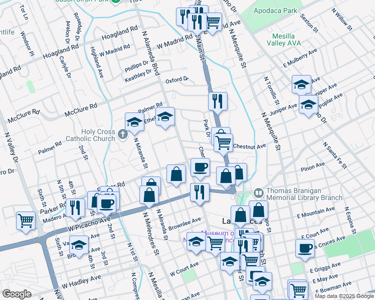 map of restaurants, bars, coffee shops, grocery stores, and more near 1135 North Alameda Boulevard in Las Cruces
