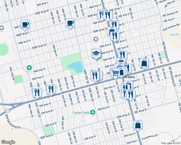 map of restaurants, bars, coffee shops, grocery stores, and more near 211 Northwest 4th Street in Andrews
