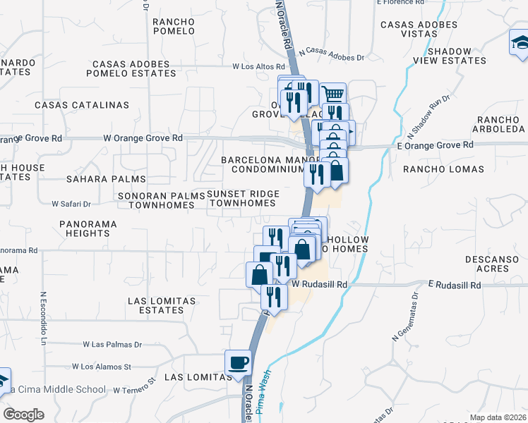 map of restaurants, bars, coffee shops, grocery stores, and more near 507 West Lavery Lane in Tucson