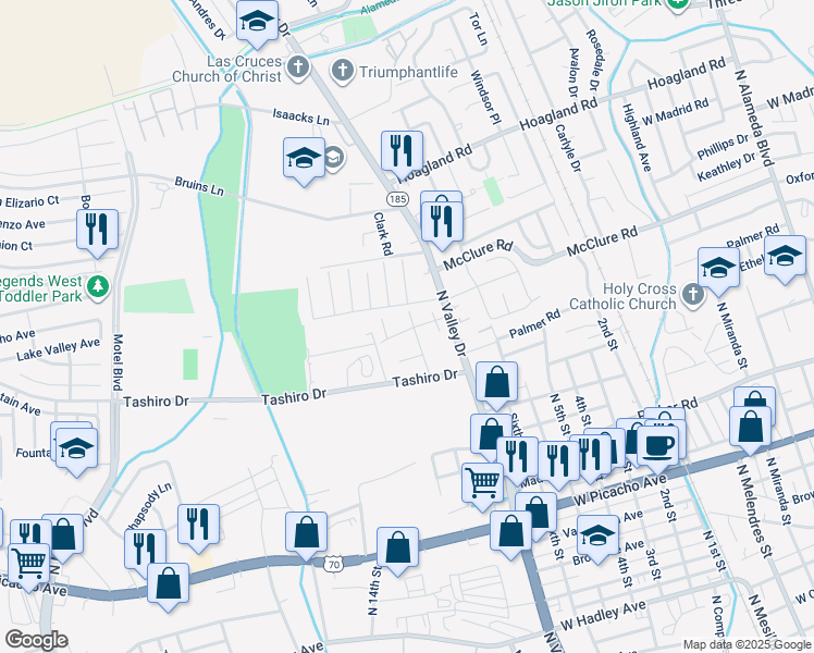 map of restaurants, bars, coffee shops, grocery stores, and more near 1605 Medina Drive in Las Cruces