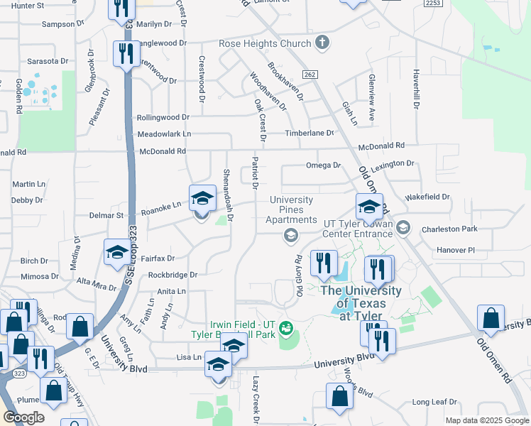map of restaurants, bars, coffee shops, grocery stores, and more near 3104 Campus Circle in Tyler