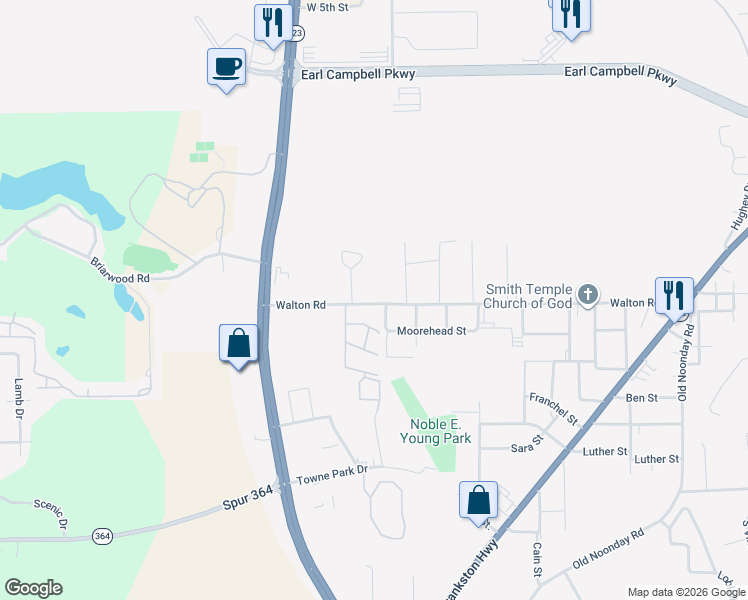 map of restaurants, bars, coffee shops, grocery stores, and more near 3122 Walton Road in Tyler