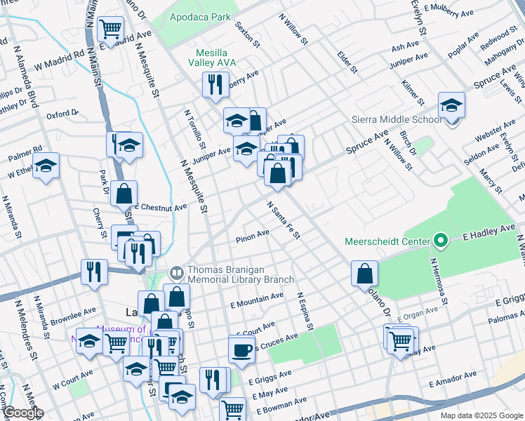 map of restaurants, bars, coffee shops, grocery stores, and more near 820 Fir Avenue in Las Cruces