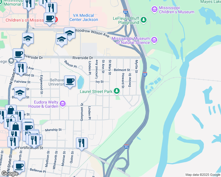 map of restaurants, bars, coffee shops, grocery stores, and more near 1514 Saint Mary Street in Jackson