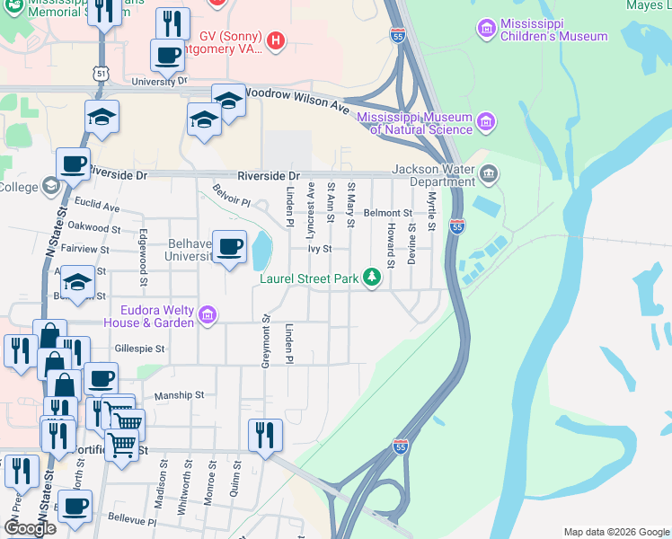 map of restaurants, bars, coffee shops, grocery stores, and more near 1509 Saint Ann Street in Jackson