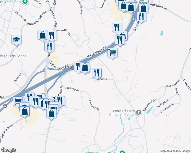 map of restaurants, bars, coffee shops, grocery stores, and more near 3515 Manor Drive in Vicksburg