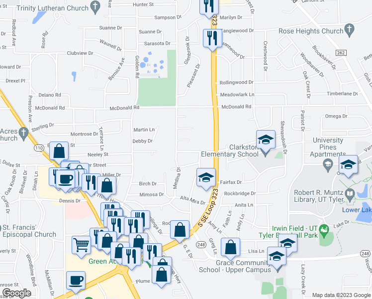map of restaurants, bars, coffee shops, grocery stores, and more near 2512 Delmar Street in Tyler