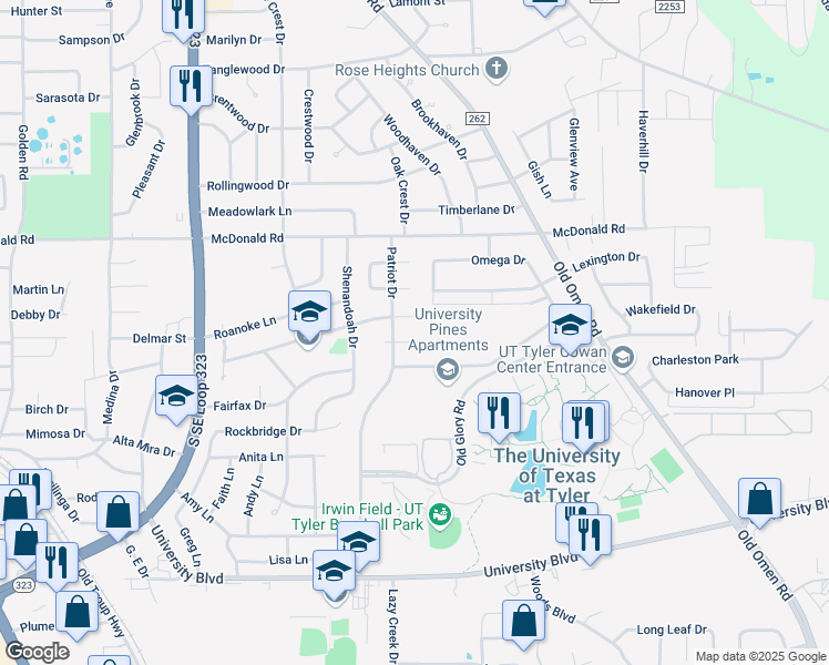 map of restaurants, bars, coffee shops, grocery stores, and more near 3108 Campus Circle in Tyler