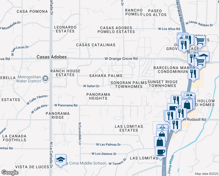 map of restaurants, bars, coffee shops, grocery stores, and more near 983 West Palma De Pina in Tucson