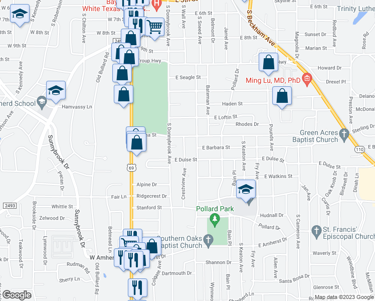 map of restaurants, bars, coffee shops, grocery stores, and more near 2724 Crestview Drive in Tyler