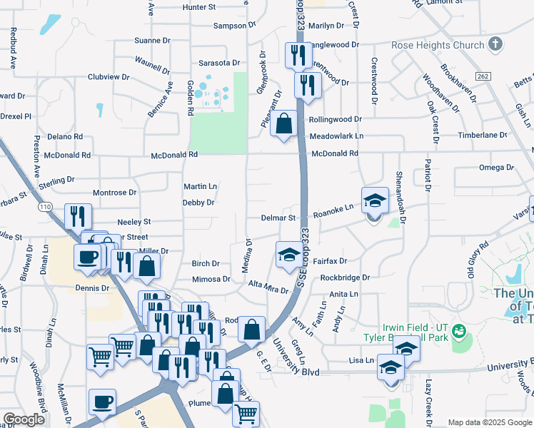 map of restaurants, bars, coffee shops, grocery stores, and more near 2518 Delmar Street in Tyler