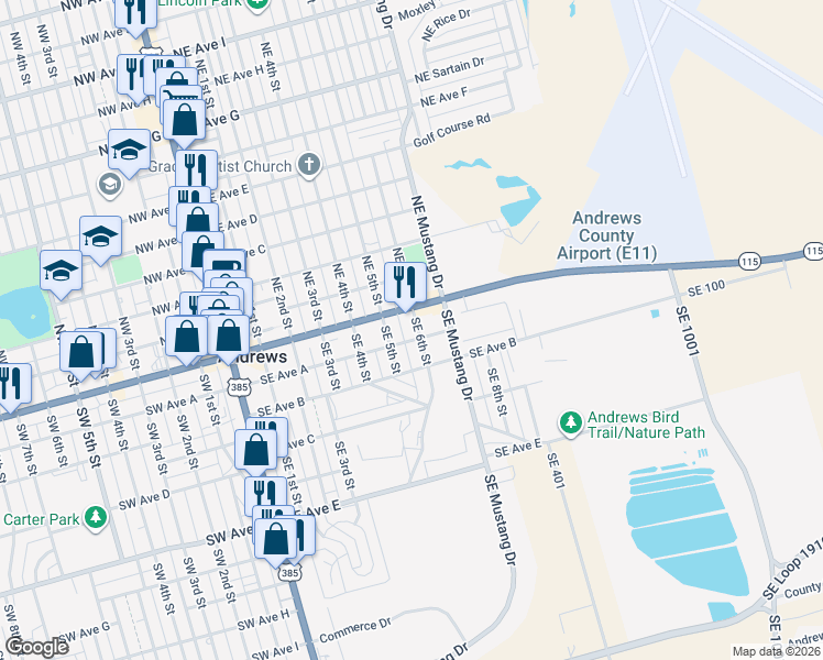 map of restaurants, bars, coffee shops, grocery stores, and more near 201 Southeast 5th Street in Andrews