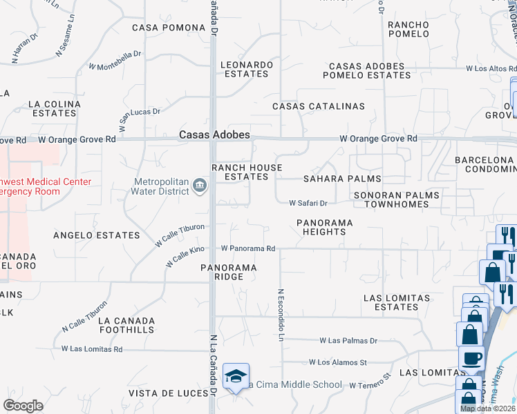 map of restaurants, bars, coffee shops, grocery stores, and more near 1260 West Panorama Road in Tucson