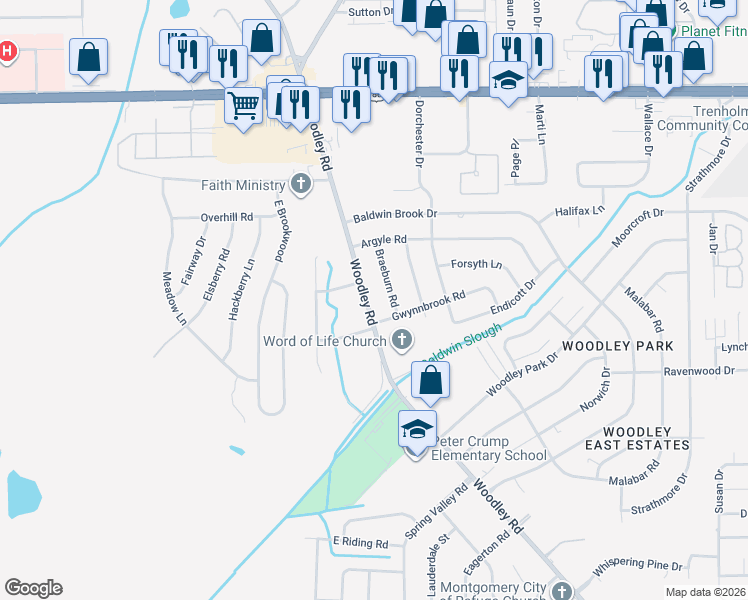 map of restaurants, bars, coffee shops, grocery stores, and more near 3286 Woodley Road in Montgomery
