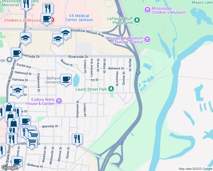 map of restaurants, bars, coffee shops, grocery stores, and more near 1514 Saint Mary Street in Jackson
