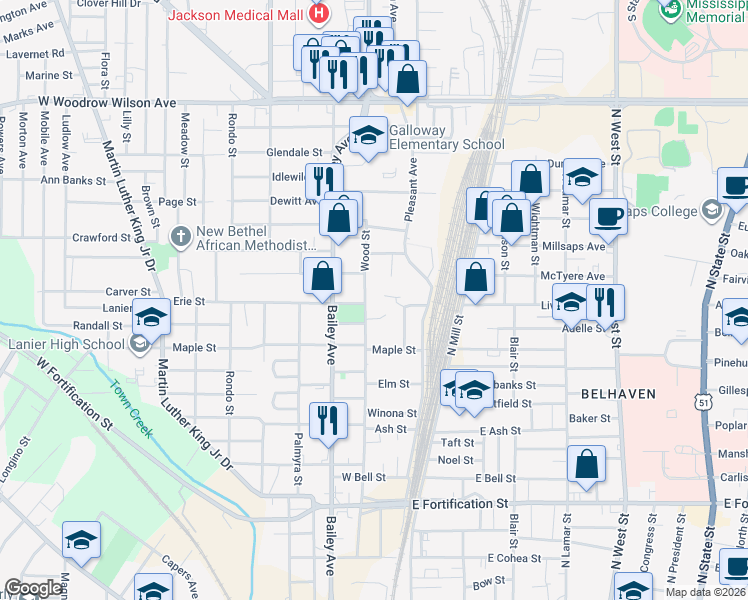 map of restaurants, bars, coffee shops, grocery stores, and more near 157 Erie Court in Jackson
