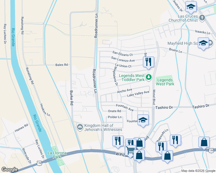 map of restaurants, bars, coffee shops, grocery stores, and more near 2964 Ancho Avenue in Las Cruces