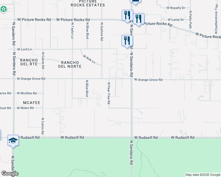 map of restaurants, bars, coffee shops, grocery stores, and more near 6281 North Brushtail Lane in Tucson