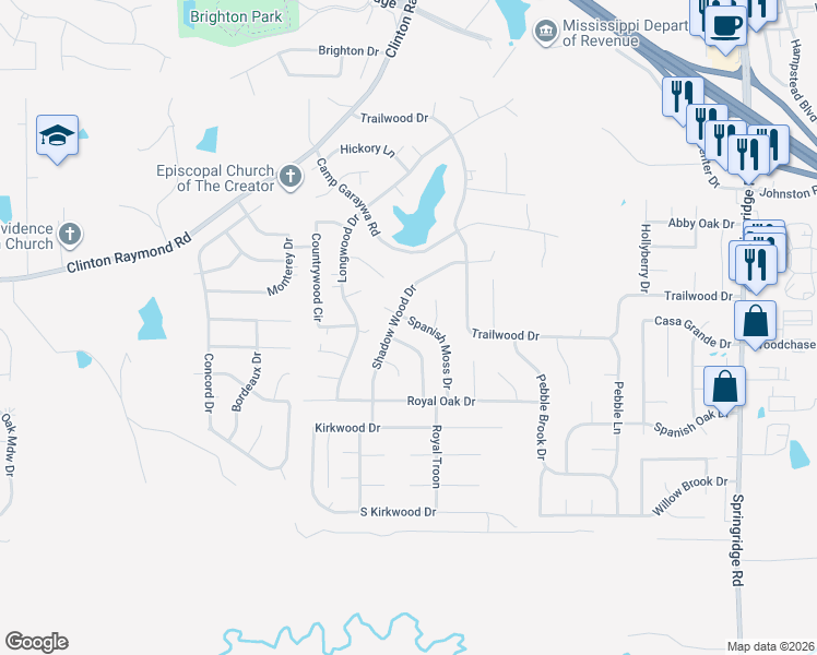 map of restaurants, bars, coffee shops, grocery stores, and more near 116 Moss Wood Lane in Clinton