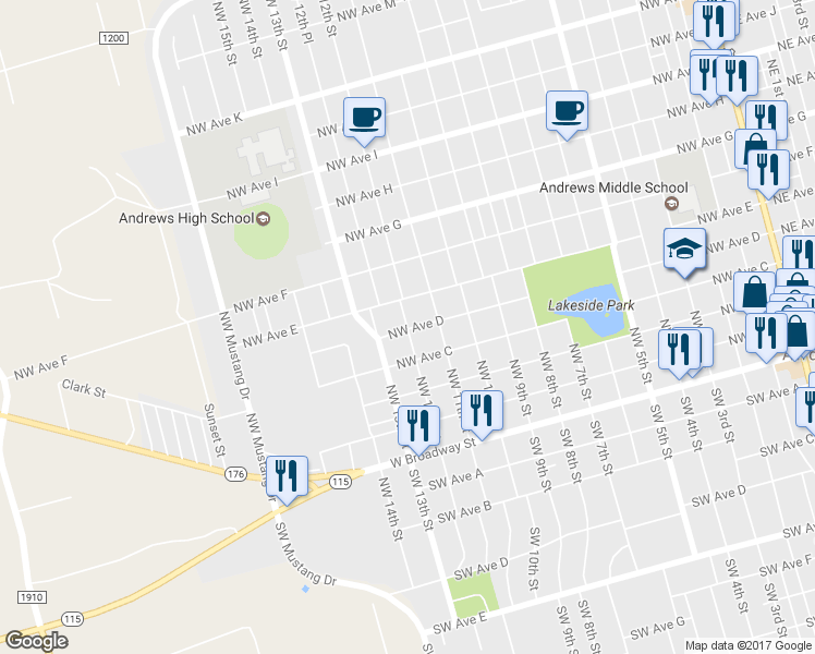 map of restaurants, bars, coffee shops, grocery stores, and more near 504 Northwest 12th Street in Andrews