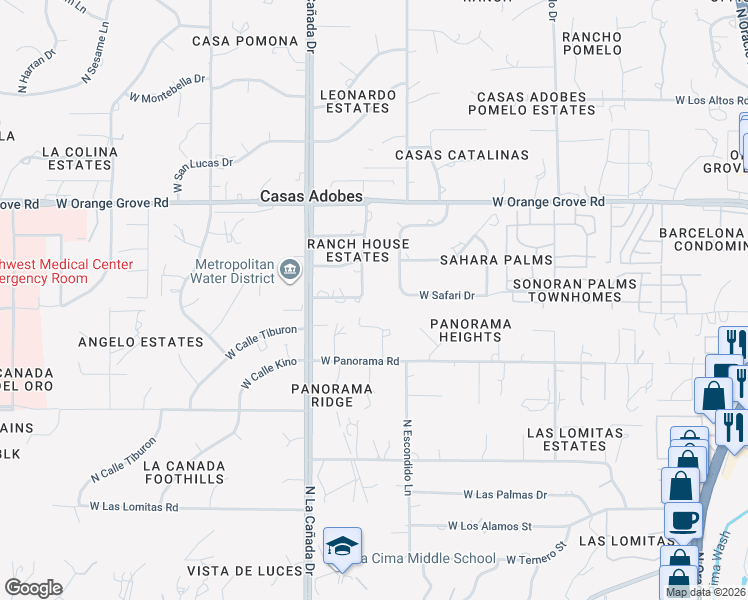 map of restaurants, bars, coffee shops, grocery stores, and more near 1260 West Panorama Road in Tucson