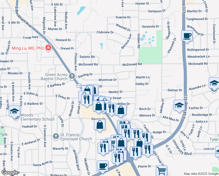 map of restaurants, bars, coffee shops, grocery stores, and more near 1905 Barbara Street in Tyler