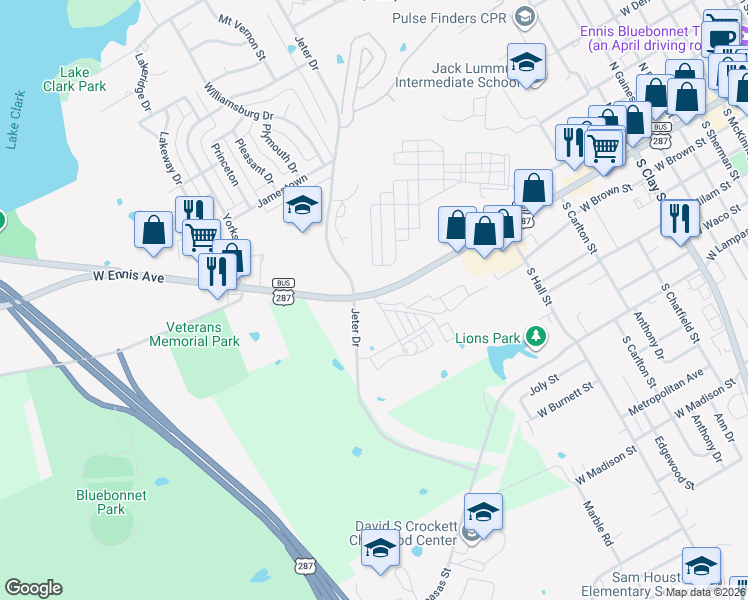 map of restaurants, bars, coffee shops, grocery stores, and more near 1803 West Ennis Avenue in Ennis