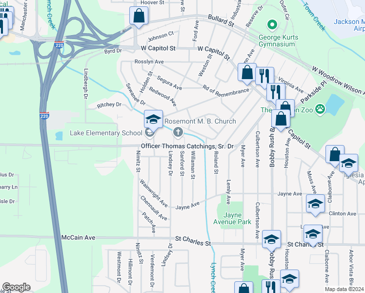 map of restaurants, bars, coffee shops, grocery stores, and more near 100 Sanford Street in Jackson