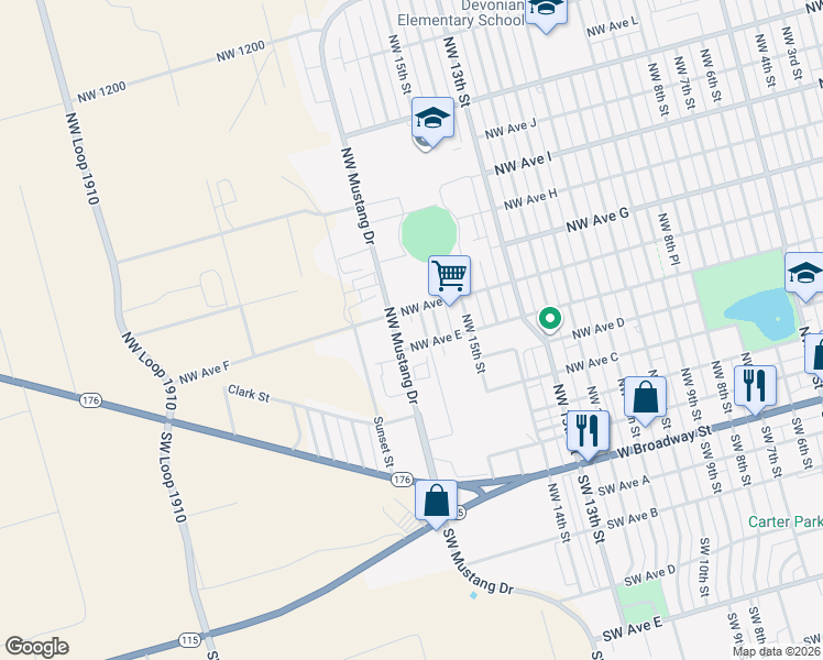 map of restaurants, bars, coffee shops, grocery stores, and more near 1601 Northwest Avenue F in Andrews