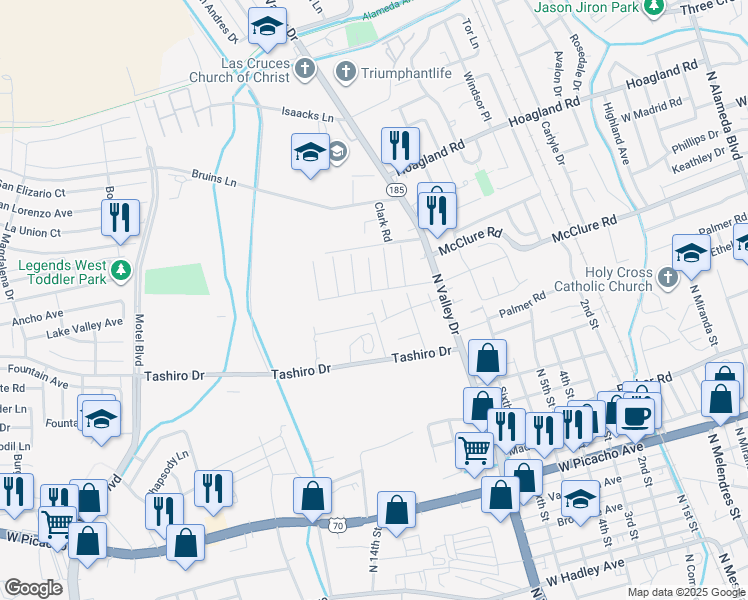 map of restaurants, bars, coffee shops, grocery stores, and more near 1637 Casita Court in Las Cruces