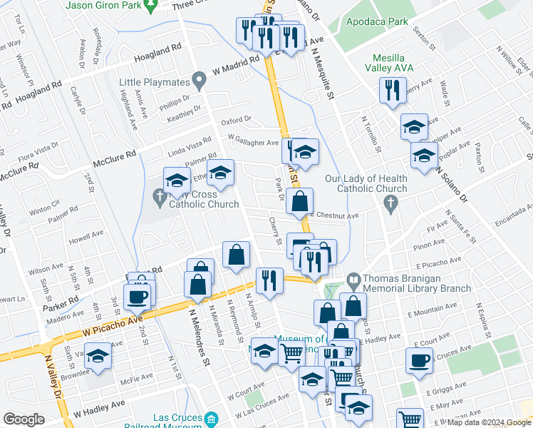 map of restaurants, bars, coffee shops, grocery stores, and more near 222 West Greening Avenue in Las Cruces