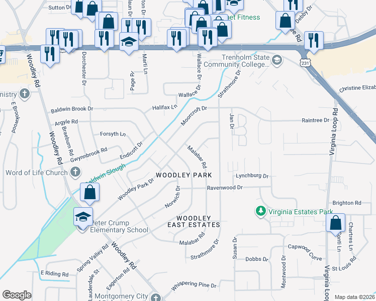 map of restaurants, bars, coffee shops, grocery stores, and more near 2936 Baldwin Brook Dr in Montgomery