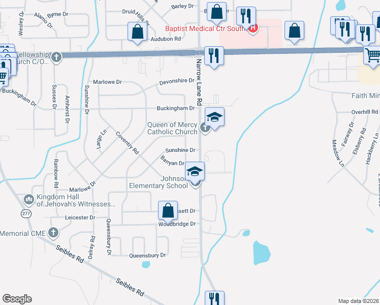 map of restaurants, bars, coffee shops, grocery stores, and more near 1721 Bancroft Avenue in Montgomery