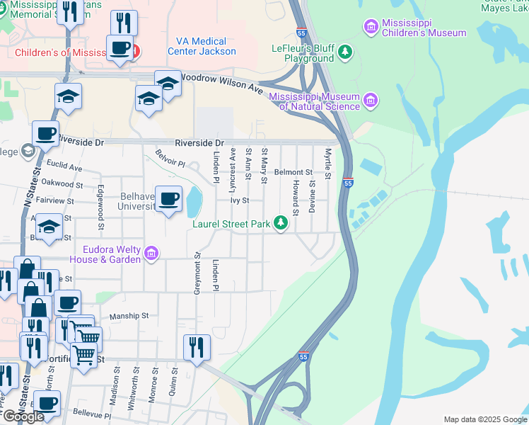 map of restaurants, bars, coffee shops, grocery stores, and more near 1514 Saint Mary Street in Jackson