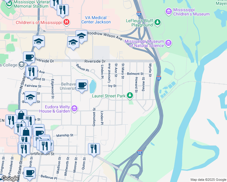 map of restaurants, bars, coffee shops, grocery stores, and more near 1509 Saint Ann Street in Jackson
