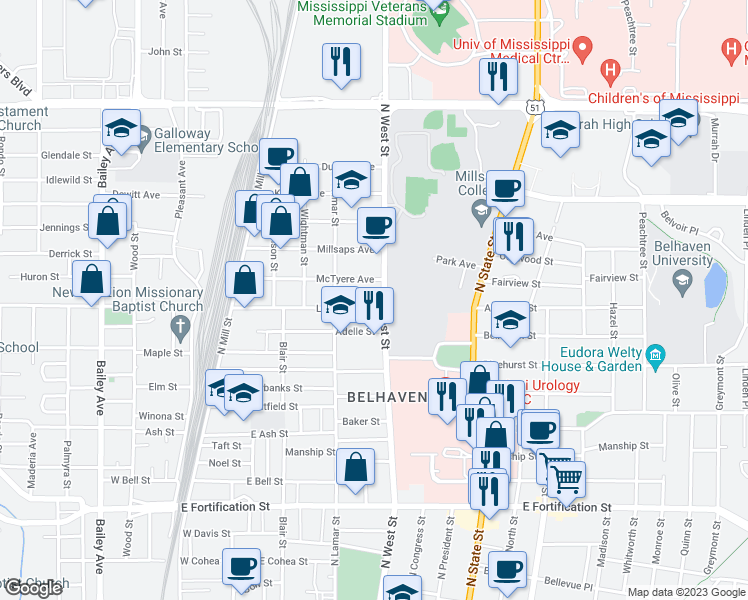 map of restaurants, bars, coffee shops, grocery stores, and more near 340 Adelle Street in Jackson