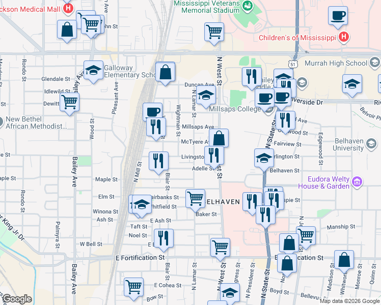 map of restaurants, bars, coffee shops, grocery stores, and more near 1903 North Lamar Street in Jackson