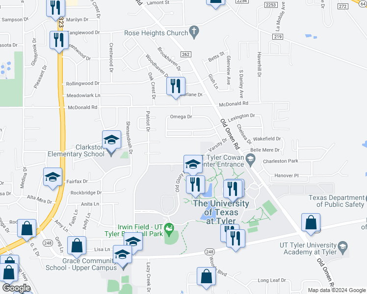 map of restaurants, bars, coffee shops, grocery stores, and more near 3130 Varsity Drive in Tyler