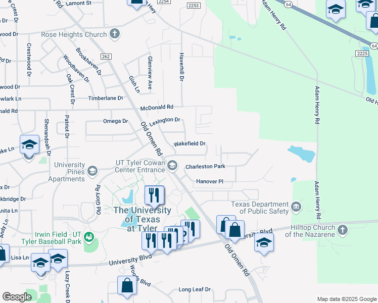 map of restaurants, bars, coffee shops, grocery stores, and more near 3918 Charleston Park in Tyler