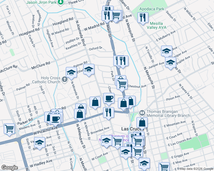 map of restaurants, bars, coffee shops, grocery stores, and more near 222 West Greening Avenue in Las Cruces