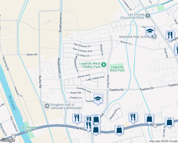 map of restaurants, bars, coffee shops, grocery stores, and more near 2857 Borroughs Street in Las Cruces