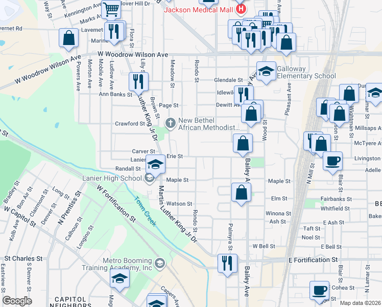 map of restaurants, bars, coffee shops, grocery stores, and more near 620 Erie Street in Jackson