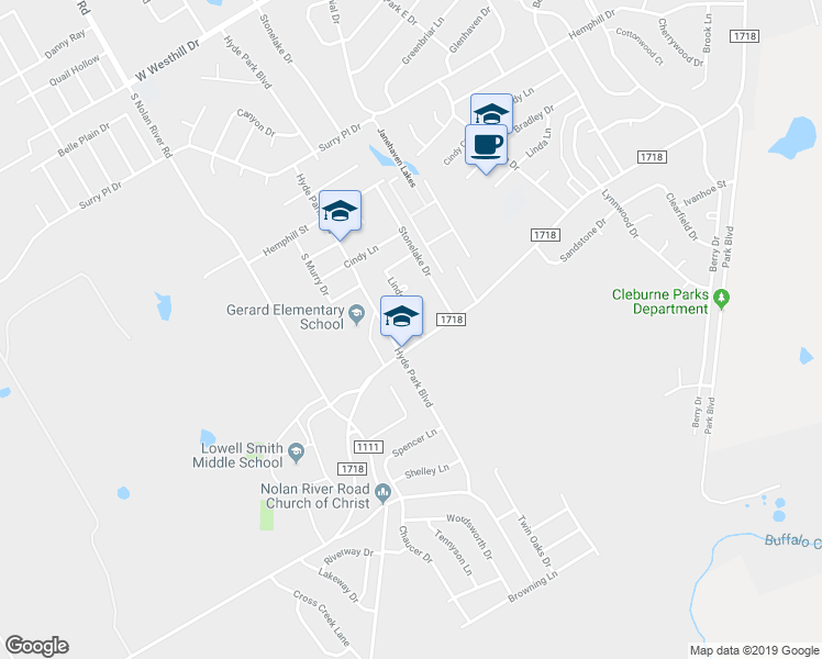 map of restaurants, bars, coffee shops, grocery stores, and more near 1218 Lindsey Lane in Cleburne