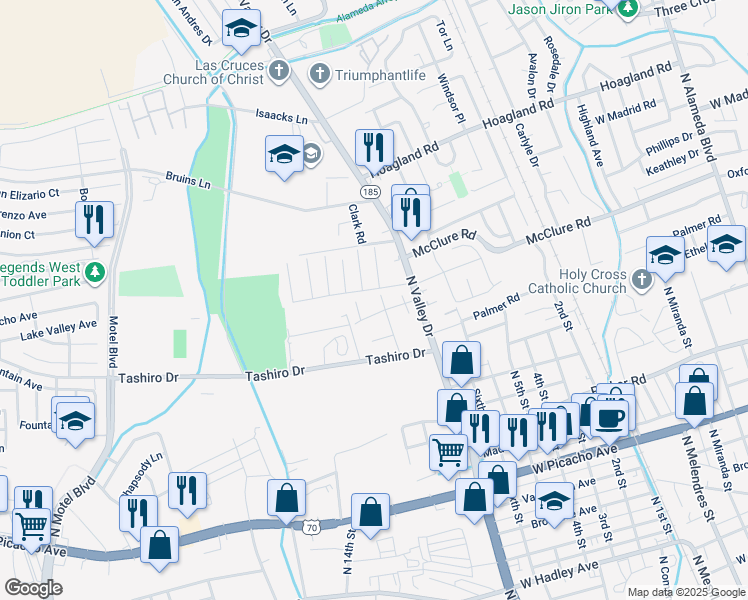map of restaurants, bars, coffee shops, grocery stores, and more near 1625 Medina Drive in Las Cruces