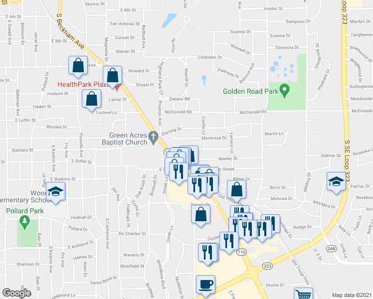 map of restaurants, bars, coffee shops, grocery stores, and more near 1733 Barbara Street in Tyler