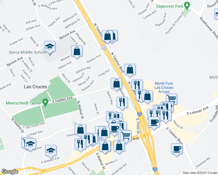 map of restaurants, bars, coffee shops, grocery stores, and more near 633 Sheryl Way in Las Cruces