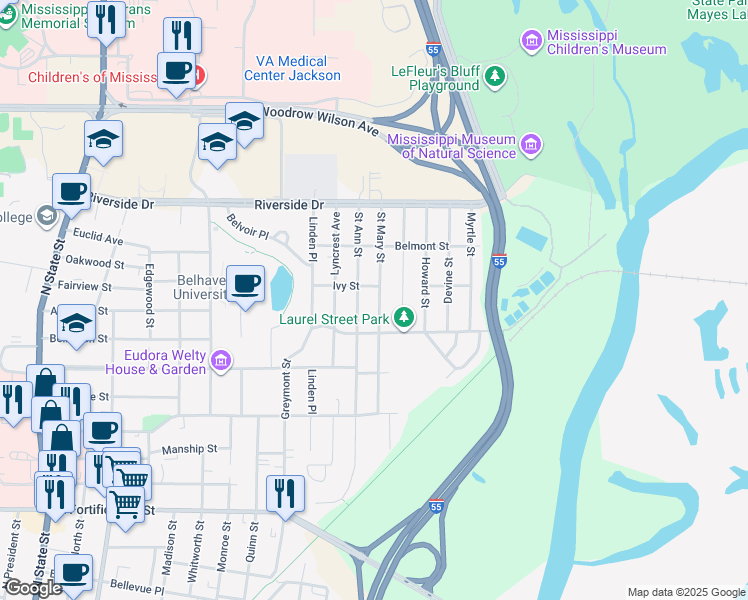 map of restaurants, bars, coffee shops, grocery stores, and more near 1702 Saint Mary Street in Jackson