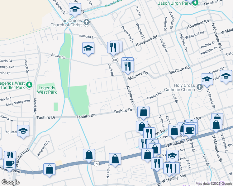 map of restaurants, bars, coffee shops, grocery stores, and more near 1633 Medina Drive in Las Cruces